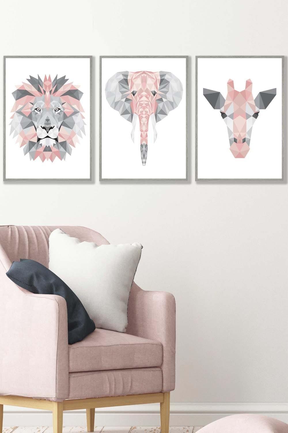 Geometric Pink Grey Jungle Animal Heads Framed Wall Art - Medium